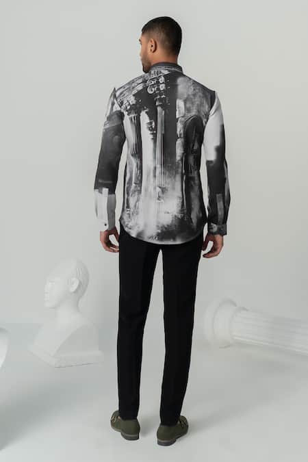 Shop_Varun Chakkilam_Black Crepe Embroidery Greek Reverie Print Full Sleeves Shirt _at_Aza_Fashions