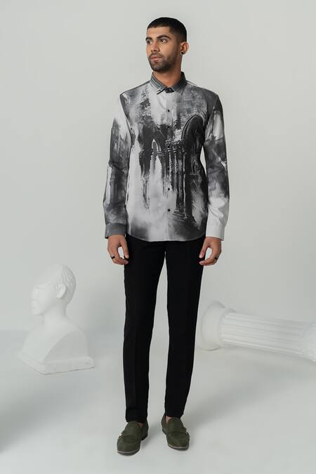 Varun Chakkilam_Black Crepe Embroidery Greek Reverie Print Full Sleeves Shirt _Online_at_Aza_Fashions