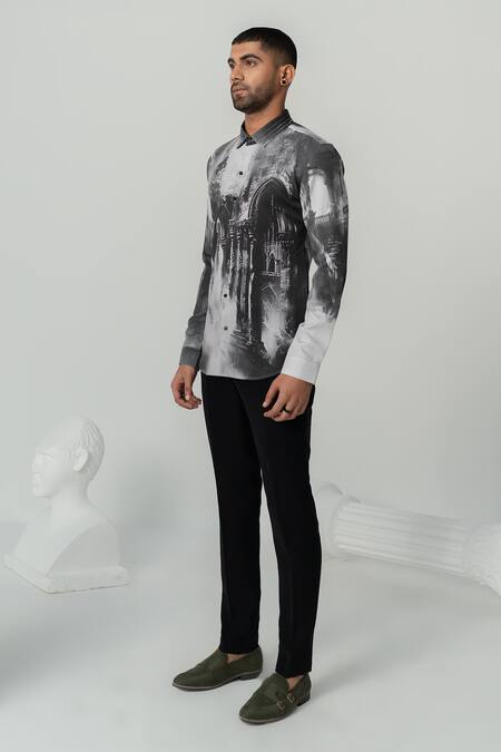 Buy_Varun Chakkilam_Black Crepe Embroidery Greek Reverie Print Full Sleeves Shirt _Online_at_Aza_Fashions