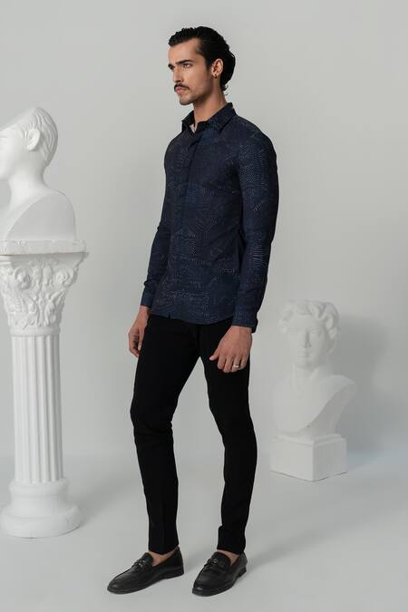 Varun Chakkilam_Blue Crepe Midnight Distressed Print Shirt _Online_at_Aza_Fashions