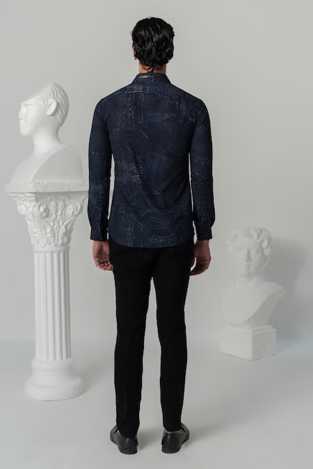 Shop_Varun Chakkilam_Blue Crepe Midnight Distressed Print Shirt _at_Aza_Fashions