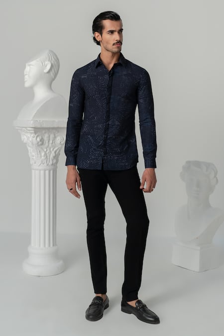 Buy_Varun Chakkilam_Blue Crepe Midnight Distressed Print Shirt _Online_at_Aza_Fashions