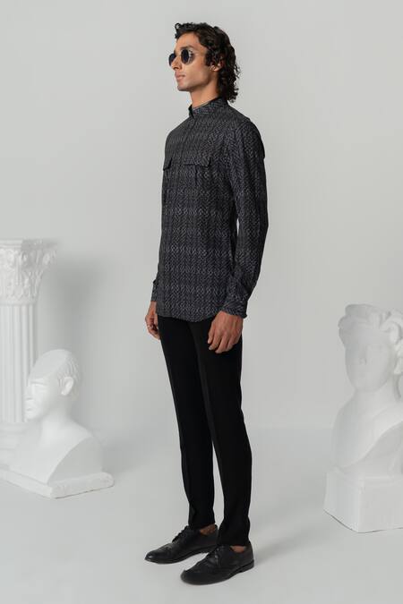 Varun Chakkilam Black Crepe Abstract Texture Print Shirt Online at Aza Fashions Varun Chakkilam_Black Crepe Abstract Texture Print Shirt _Online_at_Aza_Fashions