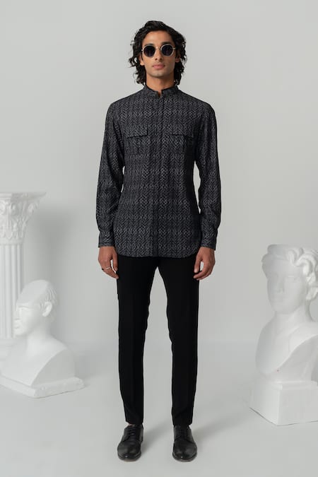 Shop Varun Chakkilam Black Crepe Abstract Texture Print Shirt Online at Aza Fashions Shop_Varun Chakkilam_Black Crepe Abstract Texture Print Shirt _Online_at_Aza_Fashions