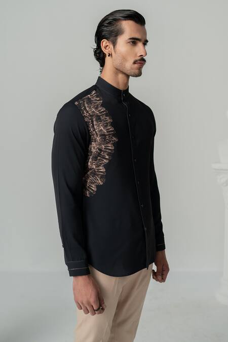 Varun Chakkilam_Black Crepe Embroidery Phoenix Blaze Print Shirt _Online_at_Aza_Fashions