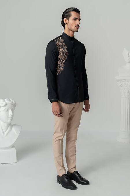 Buy_Varun Chakkilam_Black Crepe Embroidery Phoenix Blaze Print Shirt _Online_at_Aza_Fashions