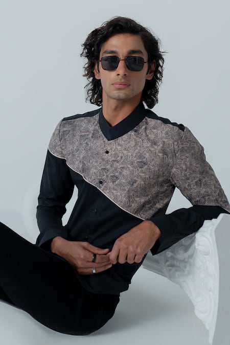 Varun Chakkilam_Black Twill Embroidery Vintage Texture Print Shirt _Online_at_Aza_Fashions