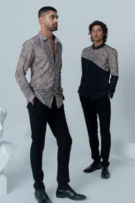 Buy_Varun Chakkilam_Black Twill Embroidery Vintage Texture Print Shirt _Online_at_Aza_Fashions