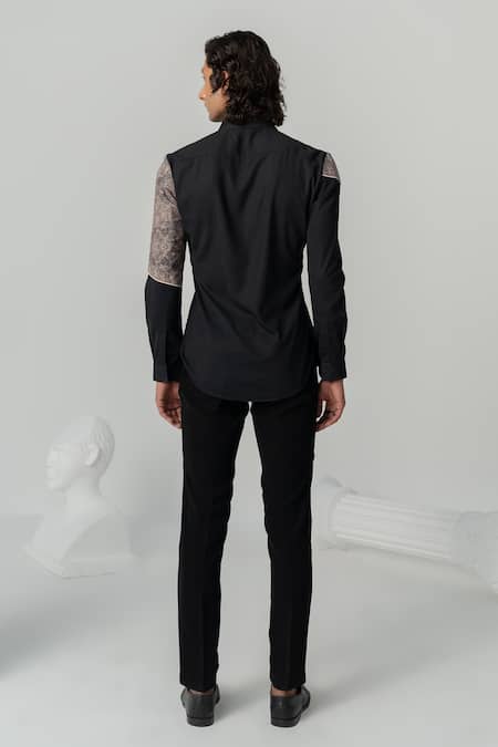 Shop_Varun Chakkilam_Black Twill Embroidery Vintage Texture Print Shirt _at_Aza_Fashions