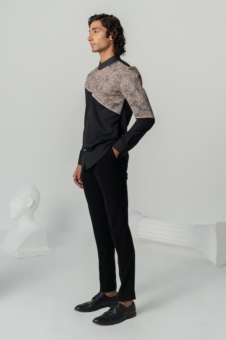 Shop_Varun Chakkilam_Black Twill Embroidery Vintage Texture Print Shirt _Online_at_Aza_Fashions