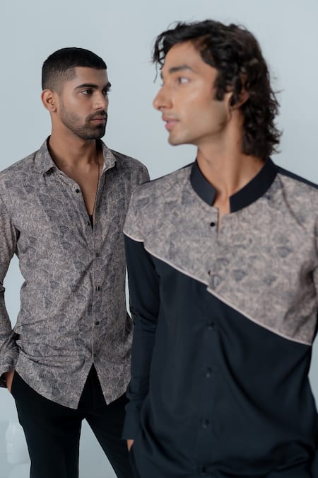 Varun Chakkilam_Black Twill Embroidery Vintage Texture Print Shirt _at_Aza_Fashions