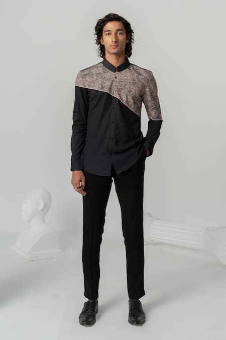 Buy_Varun Chakkilam_Black Twill Embroidery Vintage Texture Print Shirt 