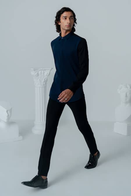 Varun Chakkilam_Blue Polyester Color Block Full Sleeves Shirt _Online_at_Aza_Fashions