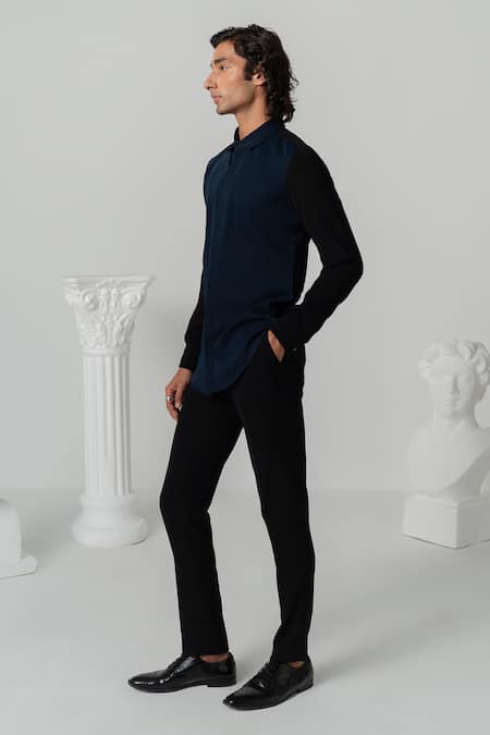 Buy_Varun Chakkilam_Blue Polyester Color Block Full Sleeves Shirt _Online_at_Aza_Fashions