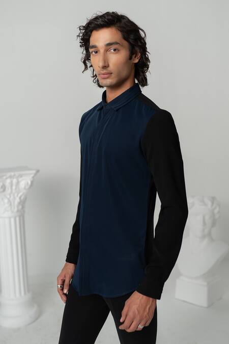 Shop_Varun Chakkilam_Blue Polyester Color Block Full Sleeves Shirt _Online_at_Aza_Fashions