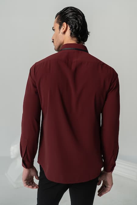 Shop_Varun Chakkilam_Wine Crepe Pintucked Yoke Shirt _at_Aza_Fashions