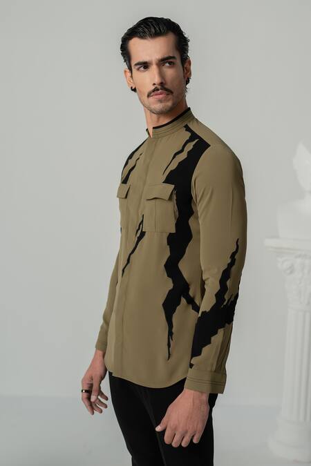 Varun Chakkilam_Brown Polyester Khaki Thunder Flow Print Shirt _Online_at_Aza_Fashions