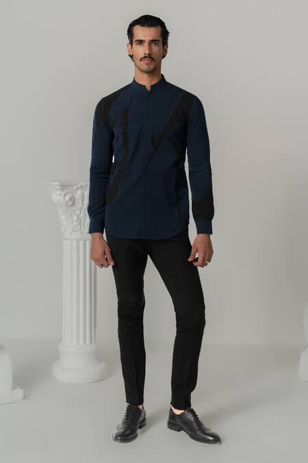 Varun Chakkilam_Blue Polyester Thunder Print Band Collar Shirt _Online_at_Aza_Fashions