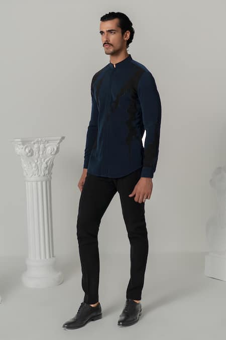 Buy_Varun Chakkilam_Blue Polyester Thunder Print Band Collar Shirt _Online_at_Aza_Fashions