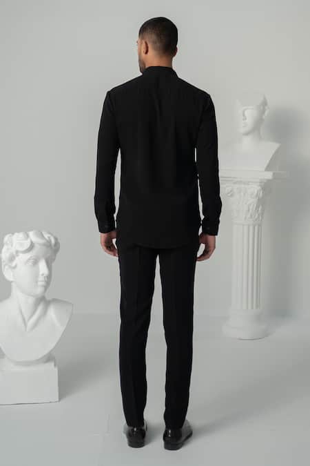 Shop Varun Chakkilam Black Polyester Lace Lunar Pearl Embellished Shirt at Aza Fashions Shop_Varun Chakkilam_Black Polyester Lace Lunar Pearl Embellished Shirt _at_Aza_Fashions