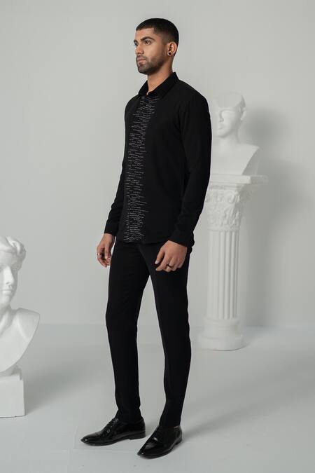 Varun Chakkilam Black Polyester Lace Lunar Pearl Embellished Shirt Online at Aza Fashions Varun Chakkilam_Black Polyester Lace Lunar Pearl Embellished Shirt _Online_at_Aza_Fashions