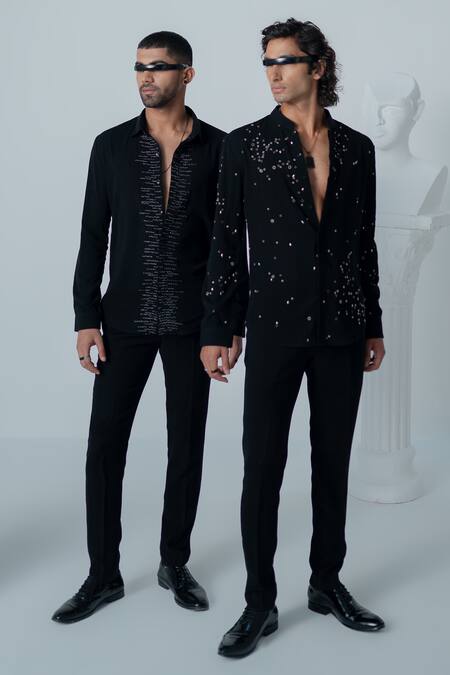Shop Varun Chakkilam Black Polyester Lace Lunar Pearl Embellished Shirt Online at Aza Fashions Shop_Varun Chakkilam_Black Polyester Lace Lunar Pearl Embellished Shirt _Online_at_Aza_Fashions