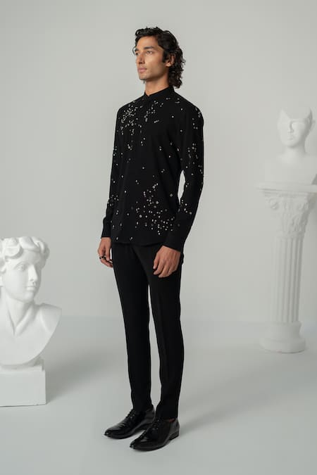 Varun Chakkilam Black Polyester Embroidery Cosmic Splash Shirt Online at Aza Fashions Varun Chakkilam_Black Polyester Embroidery Cosmic Splash Shirt _Online_at_Aza_Fashions