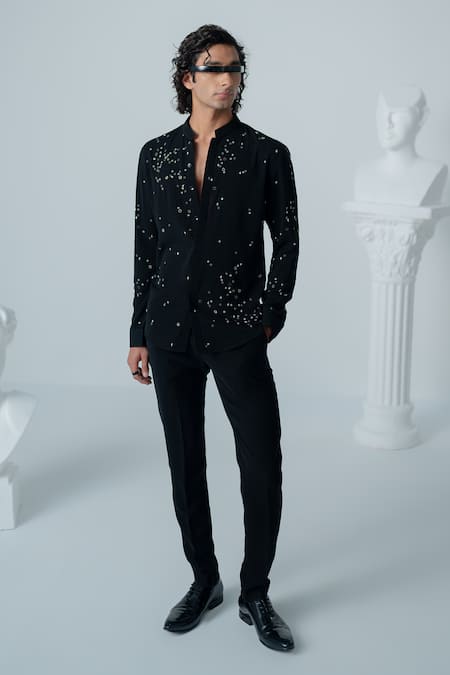 Buy Varun Chakkilam Black Polyester Embroidery Cosmic Splash Shirt Online at Aza Fashions Buy_Varun Chakkilam_Black Polyester Embroidery Cosmic Splash Shirt _Online_at_Aza_Fashions