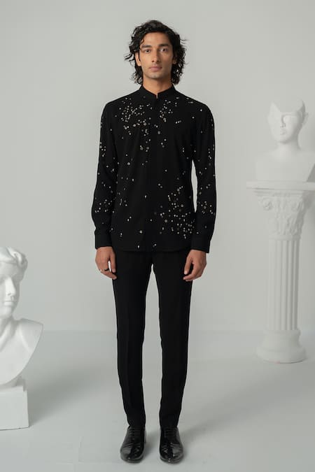Varun Chakkilam Black Polyester Embroidery Cosmic Splash Shirt at Aza Fashions Varun Chakkilam_Black Polyester Embroidery Cosmic Splash Shirt _at_Aza_Fashions