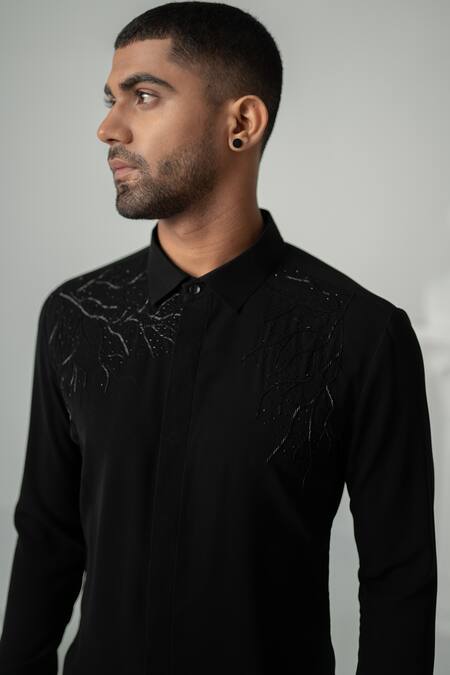 Shop_Varun Chakkilam_Black Polyester Embroidery Lumen Strike Shirt _Online_at_Aza_Fashions