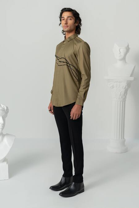 Varun Chakkilam_Brown Crepe Embroidery Ethereal Stream Shirt _Online_at_Aza_Fashions