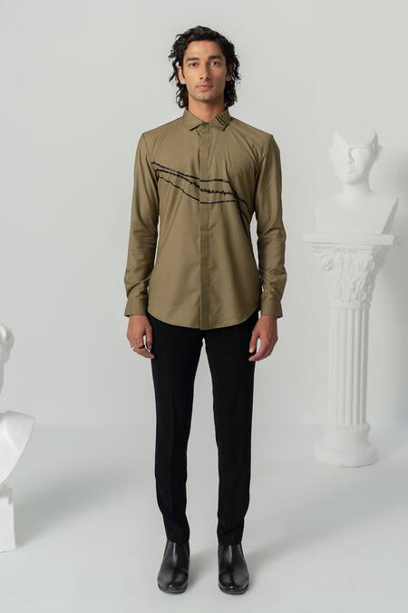 Buy_Varun Chakkilam_Brown Crepe Embroidery Ethereal Stream Shirt _Online_at_Aza_Fashions