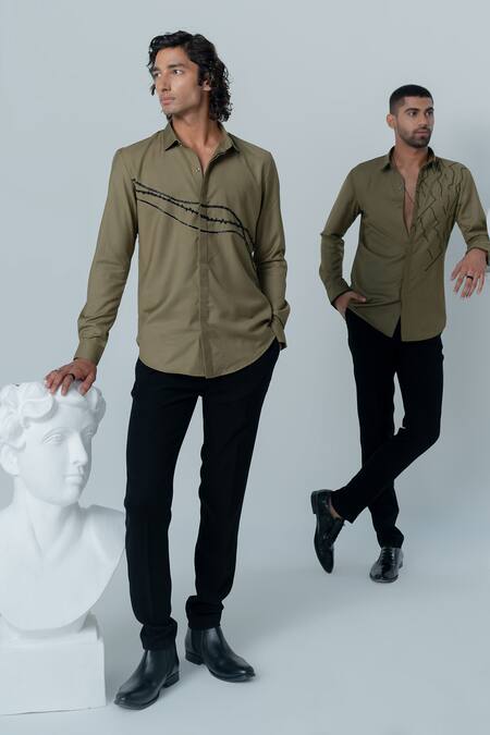 Shop_Varun Chakkilam_Brown Crepe Embroidery Ethereal Stream Shirt _Online_at_Aza_Fashions