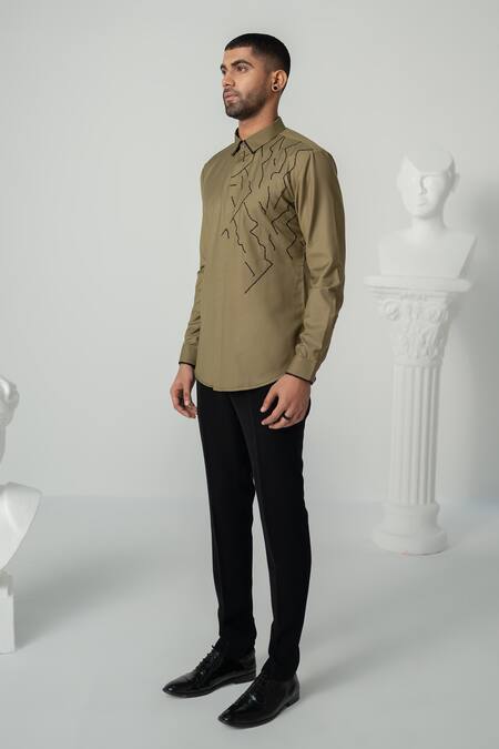 Varun Chakkilam_Brown Crepe Embroidery Eclipse Line Shirt _Online_at_Aza_Fashions