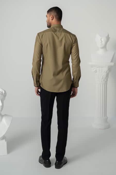 Shop_Varun Chakkilam_Brown Crepe Embroidery Eclipse Line Shirt _at_Aza_Fashions