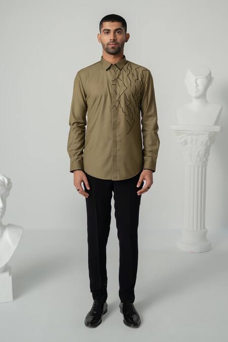 Buy_Varun Chakkilam_Brown Crepe Embroidery Eclipse Line Shirt _Online_at_Aza_Fashions