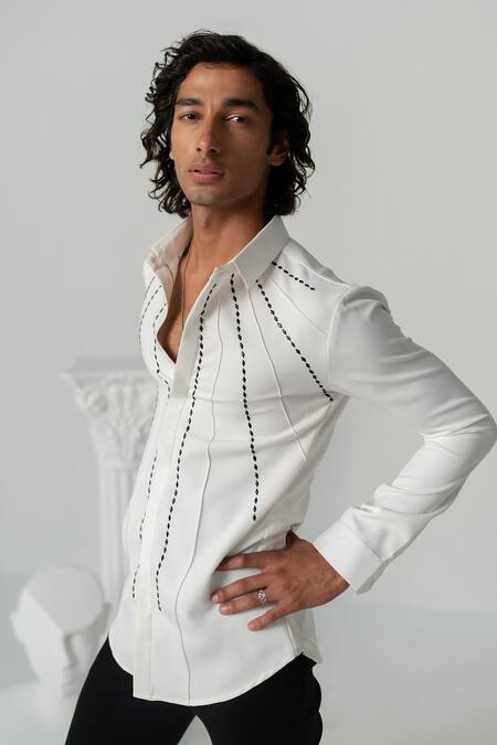 Shop_Varun Chakkilam_White Polyester Embroidery Shadow Ray Full Sleeves Shirt _Online_at_Aza_Fashions
