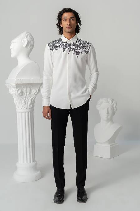 Varun Chakkilam_White Polyester Embroidery Hexa Bloom Print Designer Shirt _Online_at_Aza_Fashions