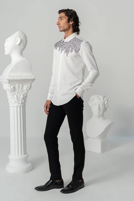 Buy_Varun Chakkilam_White Polyester Embroidery Hexa Bloom Print Designer Shirt _Online_at_Aza_Fashions