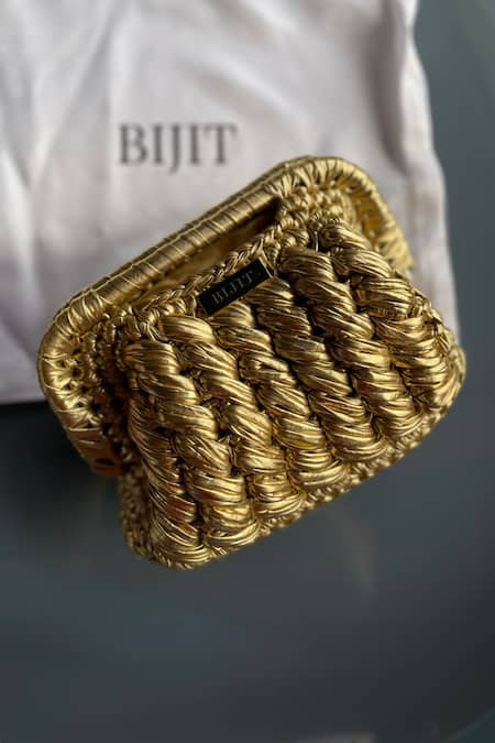 Bijit_Gold Braided Weave Clutch _Online_at_Aza_Fashions