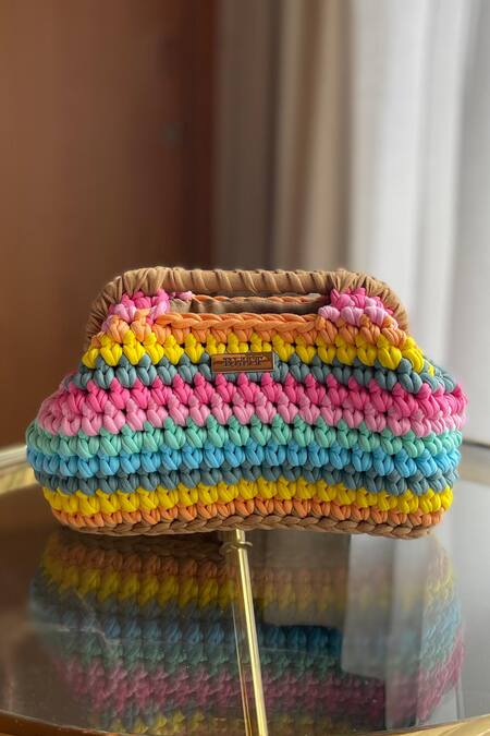 Shop Bijit Multi Color Rainbow Interlock Knotted Texture Clutch at Aza Fashions Shop_Bijit_Multi Color Rainbow Interlock Knotted Texture Clutch_at_Aza_Fashions