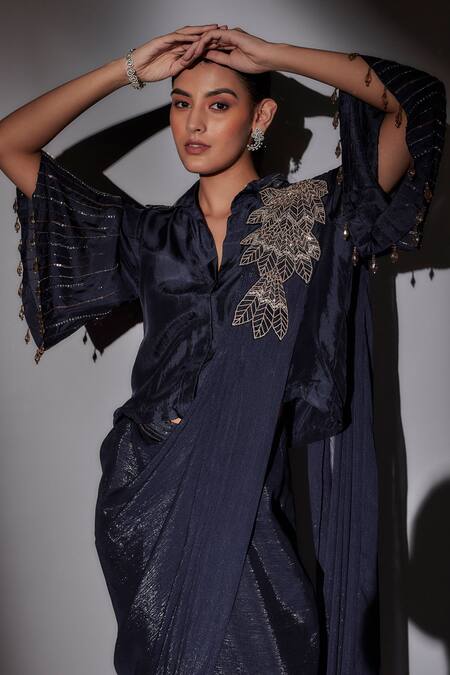 Ajiesh Oberoi_Blue Satin, Lurex Beads, Cut Work V-neck Cutdana Embroidered Pre-draped Saree _Online_at_Aza_Fashions