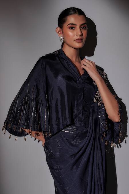 Buy_Ajiesh Oberoi_Blue Satin, Lurex Beads, Cut Work V-neck Cutdana Embroidered Pre-draped Saree _Online_at_Aza_Fashions
