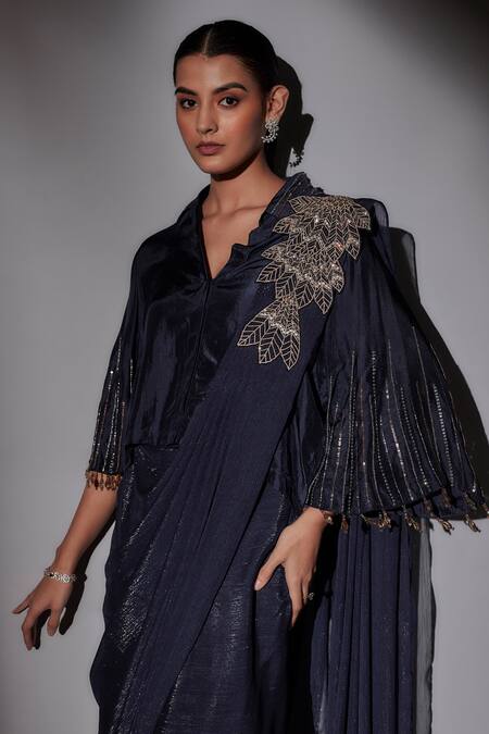 Shop_Ajiesh Oberoi_Blue Satin, Lurex Beads, Cut Work V-neck Cutdana Embroidered Pre-draped Saree _Online_at_Aza_Fashions