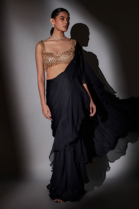 Ajiesh Oberoi Gold Organza, Satin Beads, Embroidery Sweetheart Ruffled Pre-draped Saree Set Online at Aza Fashions Ajiesh Oberoi_Gold Organza, Satin Beads, Embroidery Sweetheart Ruffled Pre-draped Saree Set _Online_at_Aza_Fashions