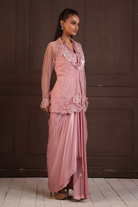 Smriti By Anju Agarwal Peach Draped Gown & Sheer Jacket Set 