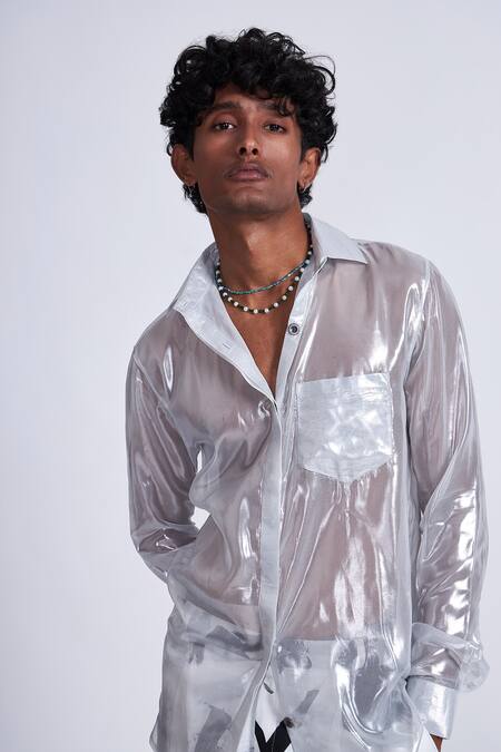 Buy_Advait_Silver Polyester Foil Printing Printed Casual Shirt _Online_at_Aza_Fashions