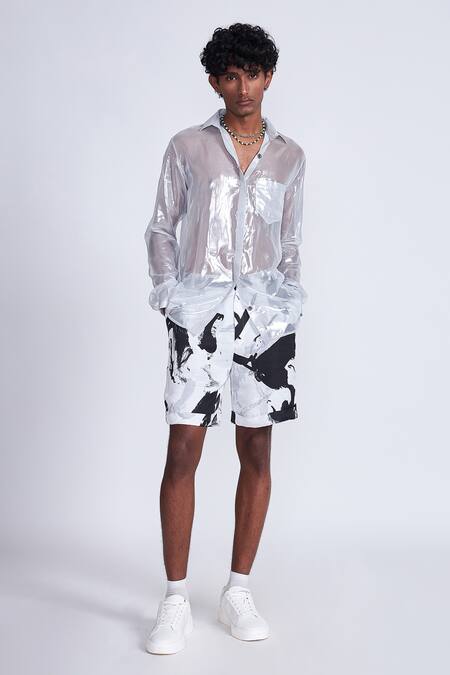Shop_Advait_Silver Polyester Foil Printing Printed Casual Shirt _at_Aza_Fashions