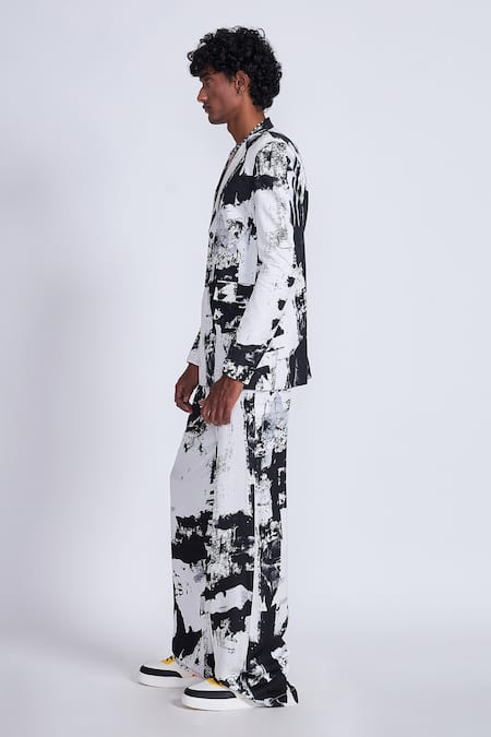 Advait_Black Satin, Twill And White Abstract Print Blazer _Online_at_Aza_Fashions