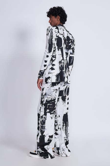 Shop_Advait_Black Satin, Twill And White Abstract Print Blazer _at_Aza_Fashions